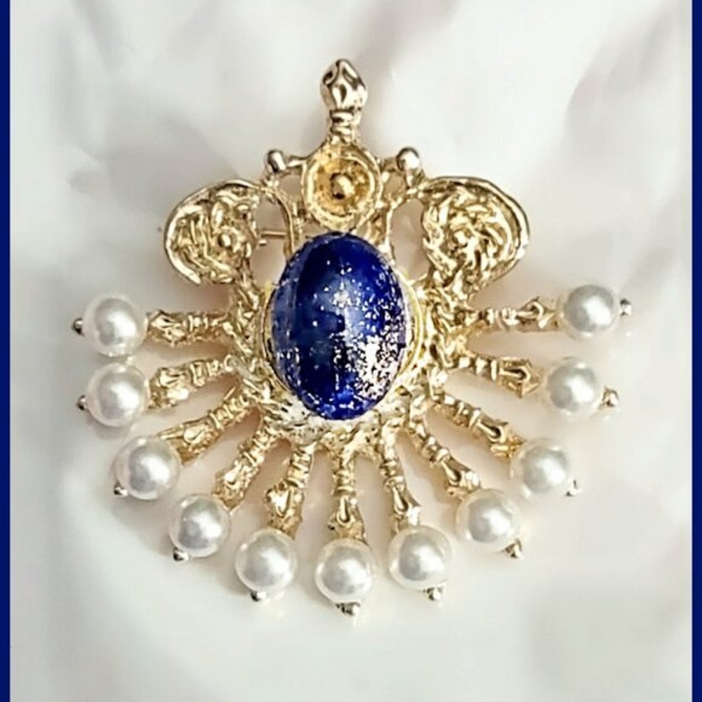 Baroque Gold & Pearl  Brooch Dark Blue Cabochon